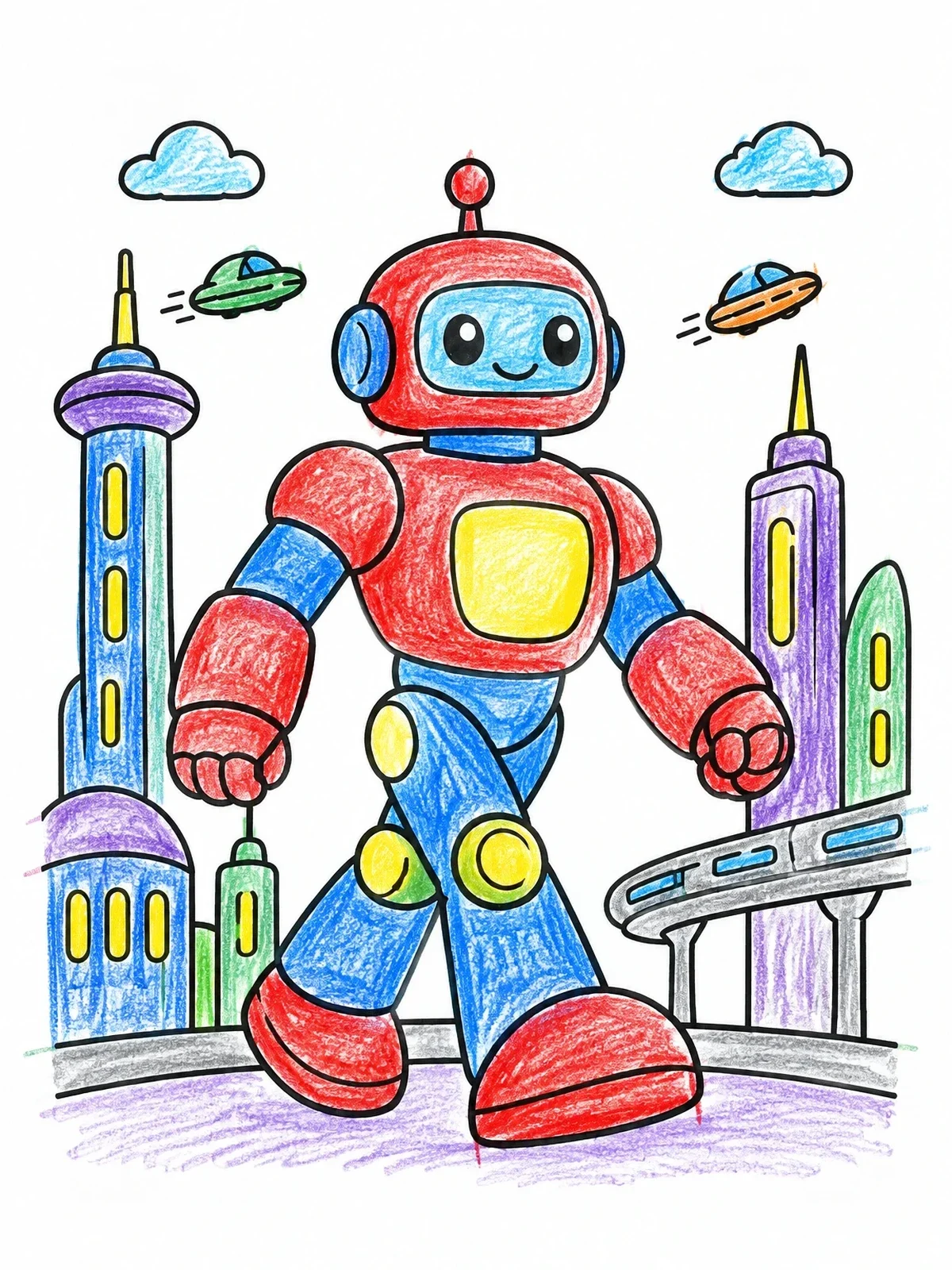 Colored example of the Friendly Giant Robot In Futuristic City coloring page