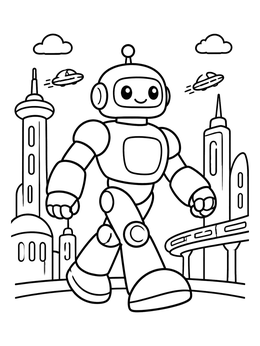A friendly giant robot coloring page featuring futuristic skyscrapers and flying saucers.