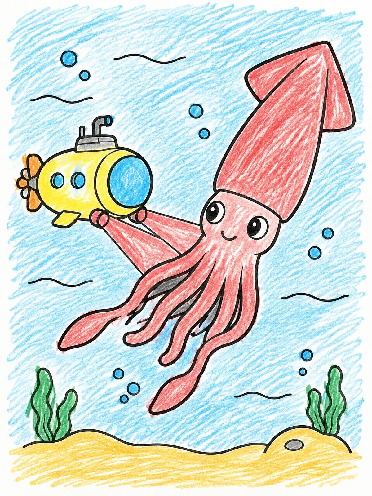 Colored example of the Friendly Giant Squid And Submarine coloring page