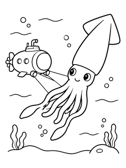 A cheerful squid coloring page featuring a submarine exploring the deep ocean.