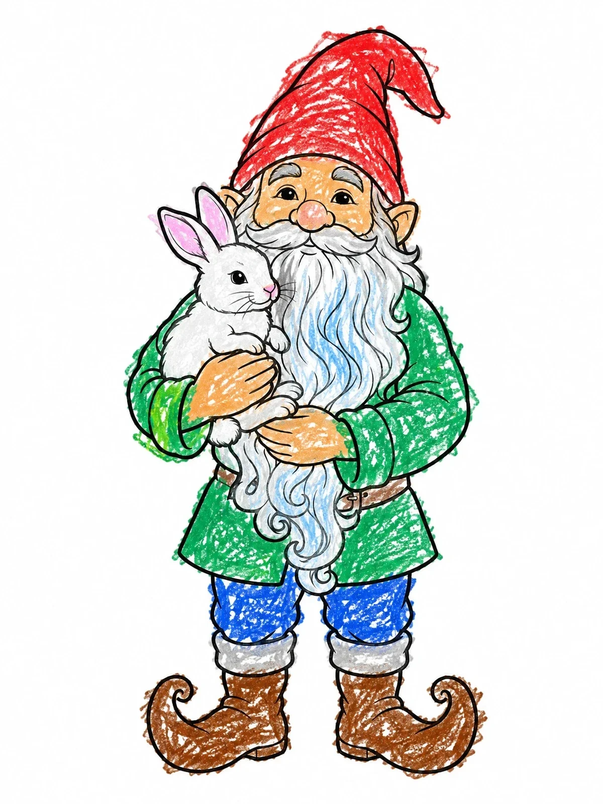 Colored example of the Friendly Gnome Holding A Bunny coloring page