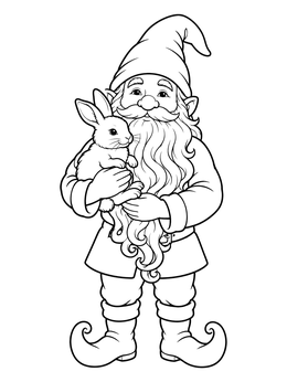 A kind gnome coloring page featuring a long beard and a cute bunny in his arms.