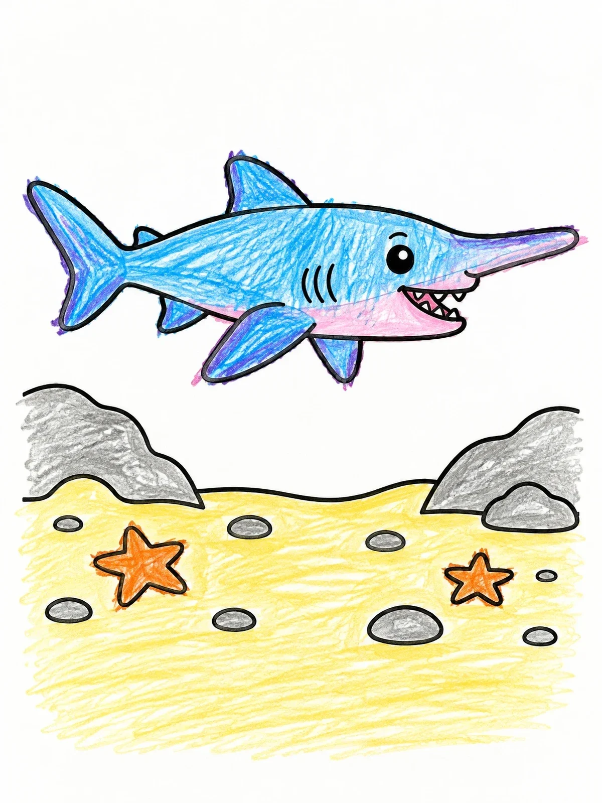 Colored example of the Friendly Goblin Shark Over Sea Floor coloring page