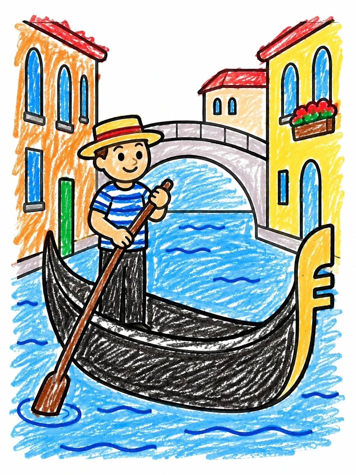Colored example of the Friendly Gondolier In Venice Canal coloring page