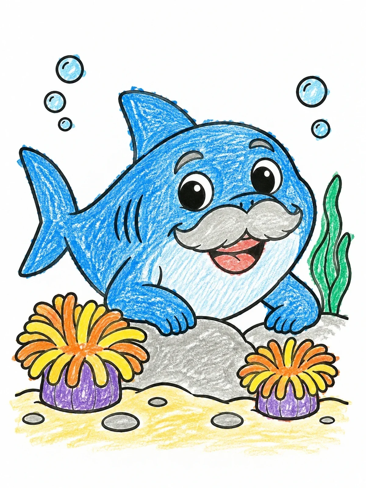 Colored example of the Friendly Grandpa Shark With Mustache coloring page