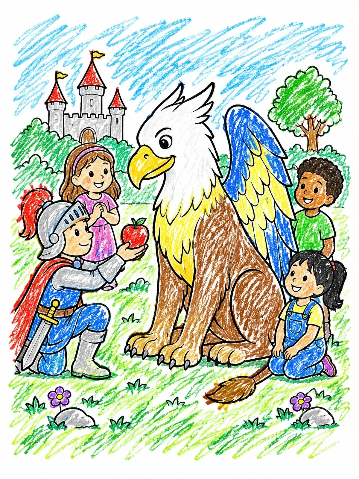 Colored example of the Friendly Griffin And Knight With Children coloring page