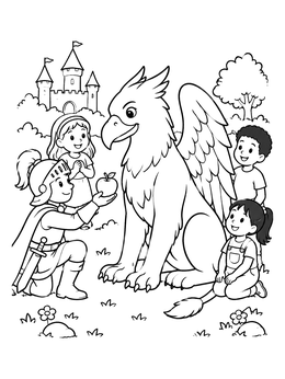 Free printable Friendly Griffin And Knight With Children coloring page