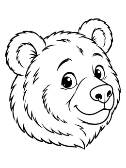 A smiling grizzly bear coloring page showing a friendly cartoon bear head.