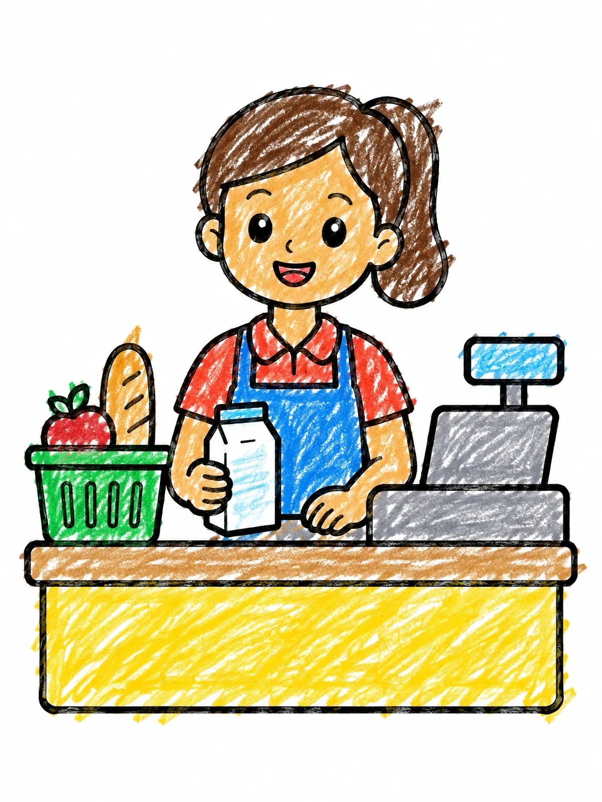 Colored example of the Friendly Grocery Store Cashier coloring page
