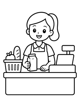 Free printable Friendly Grocery Store Cashier coloring page