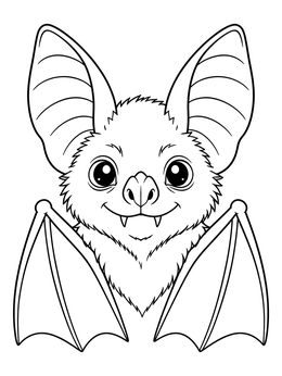 A smiling halloween bat coloring page featuring large ears and tiny fangs.