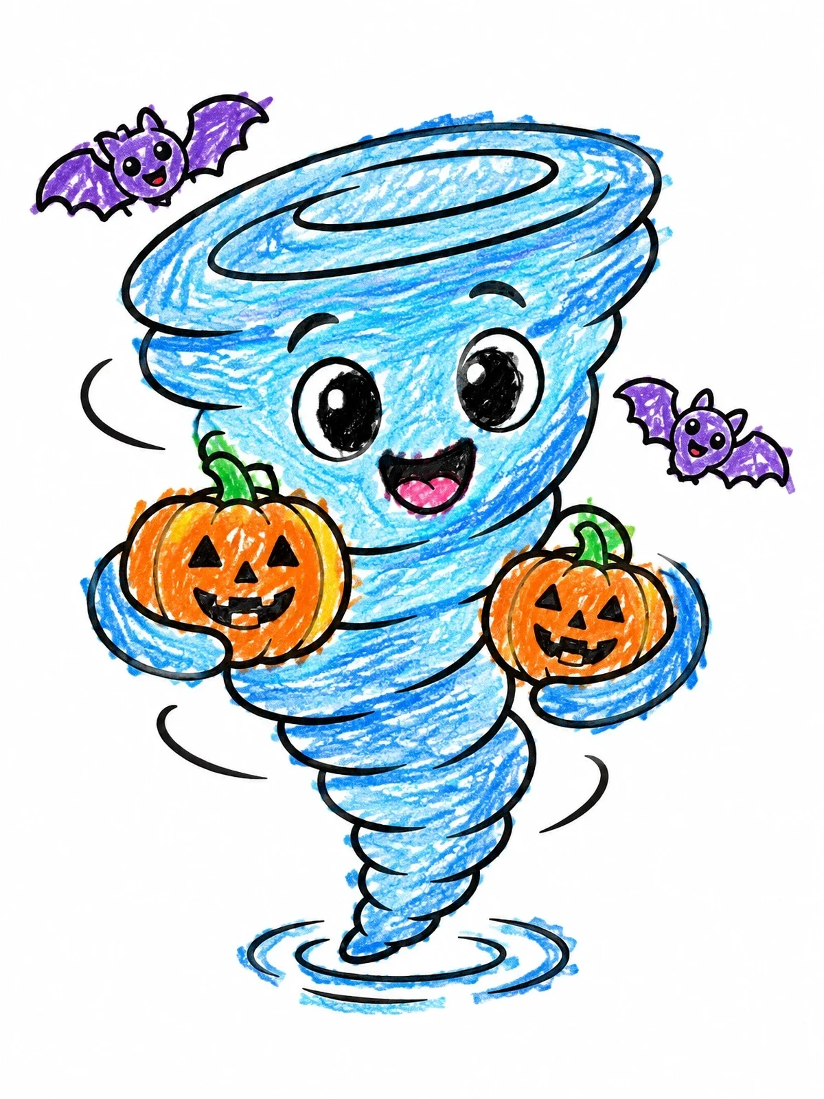 Colored example of the Friendly Halloween Tornado With Pumpkins coloring page