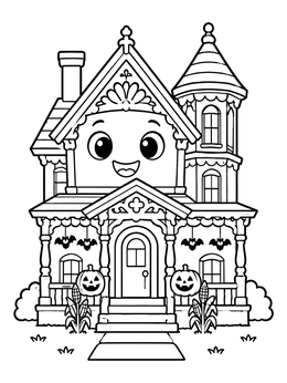 A cute smiling house coloring page decorated for Halloween with pumpkins and bats.
