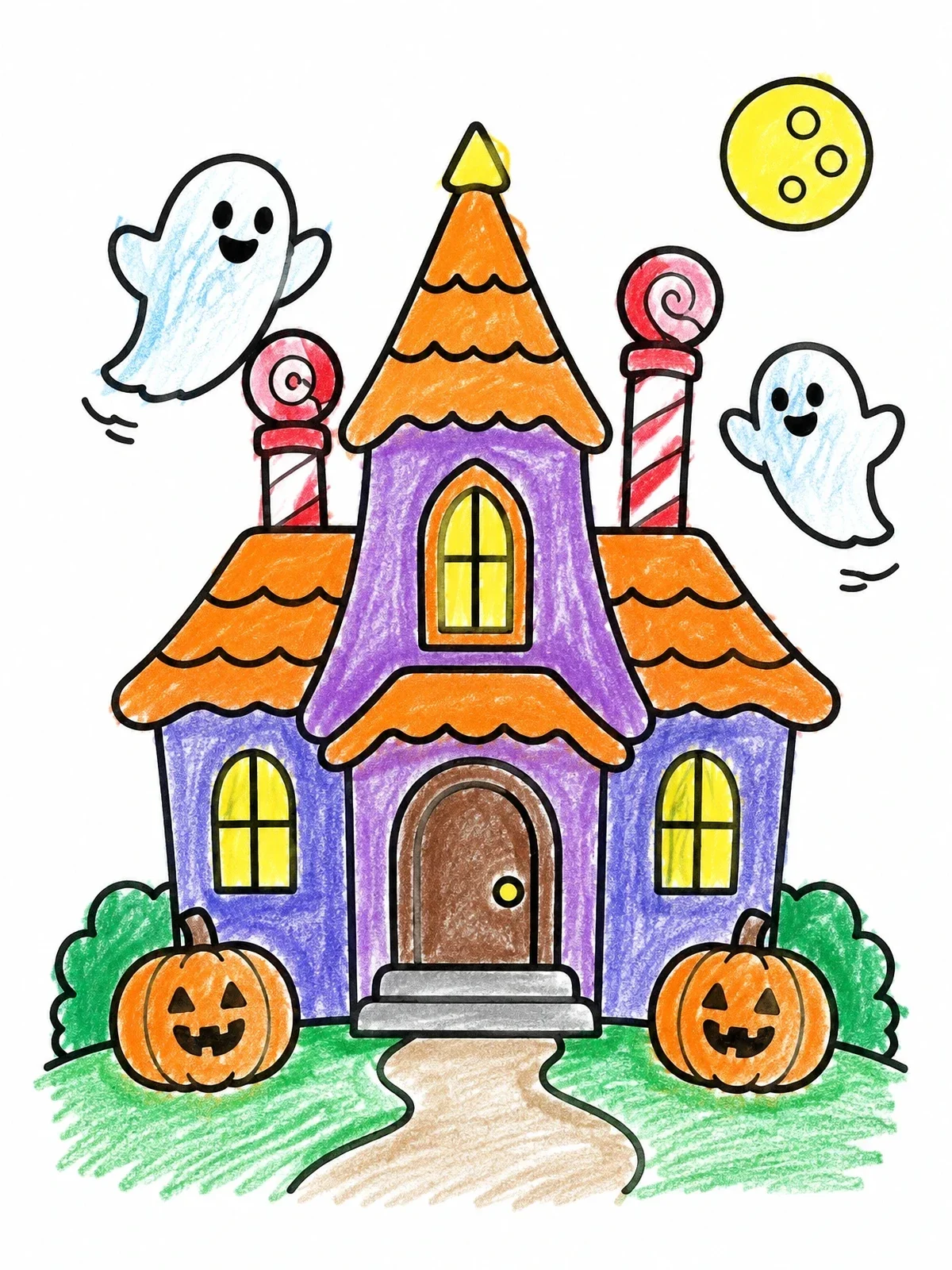 Colored example of the Friendly Haunted Candy House coloring page