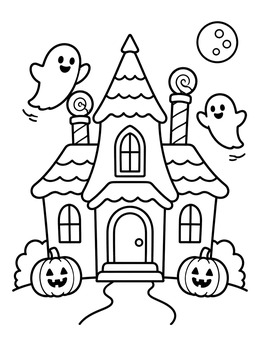 A friendly haunted house coloring page with ghosts, candy chimneys, and carved pumpkins.
