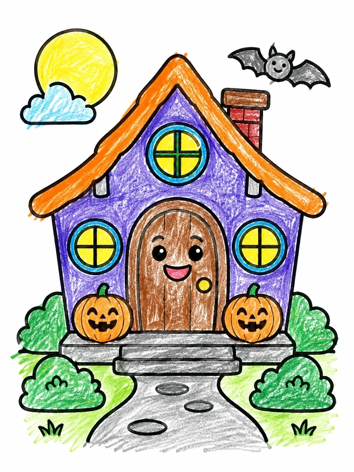 Colored example of the Friendly Haunted Cottage With Pumpkins coloring page