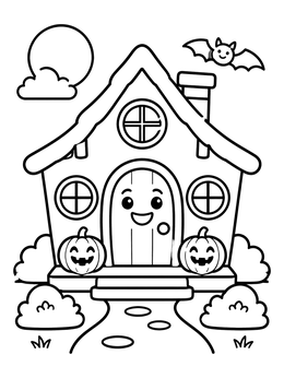 Free printable Friendly Haunted Cottage With Pumpkins coloring page