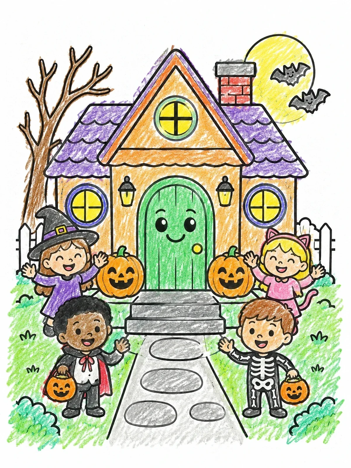 Colored example of the Friendly Haunted Cottage With Trick Or Treaters coloring page