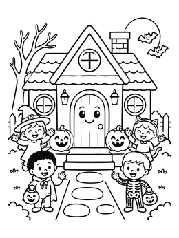 Free printable Friendly Haunted Cottage With Trick Or Treaters coloring page