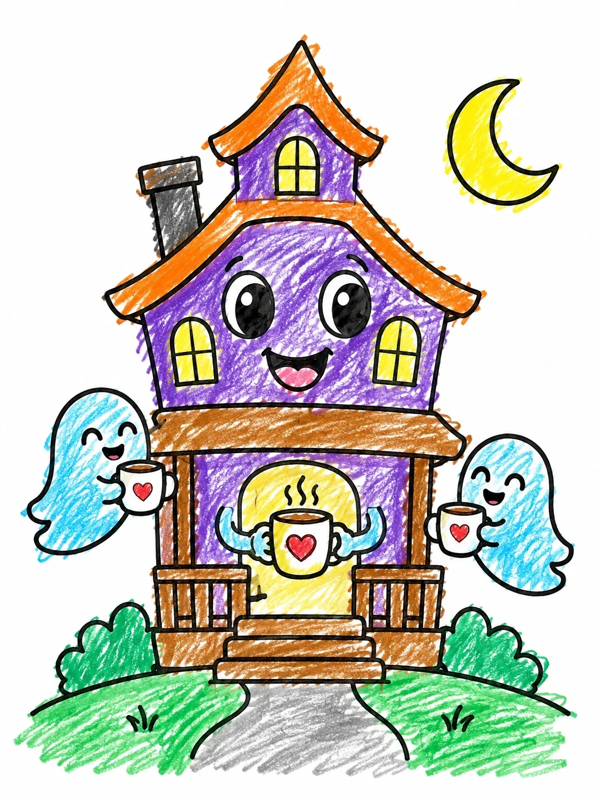 Colored example of the Friendly Haunted House With Cocoa Ghosts coloring page