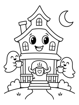 A friendly haunted house coloring page with cheerful ghosts holding warm cups under a crescent moon.