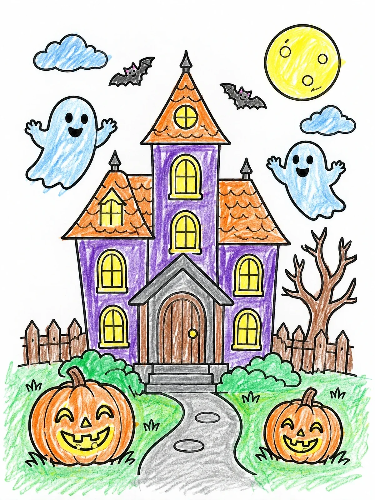 Colored example of the Friendly Haunted House With Ghosts coloring page