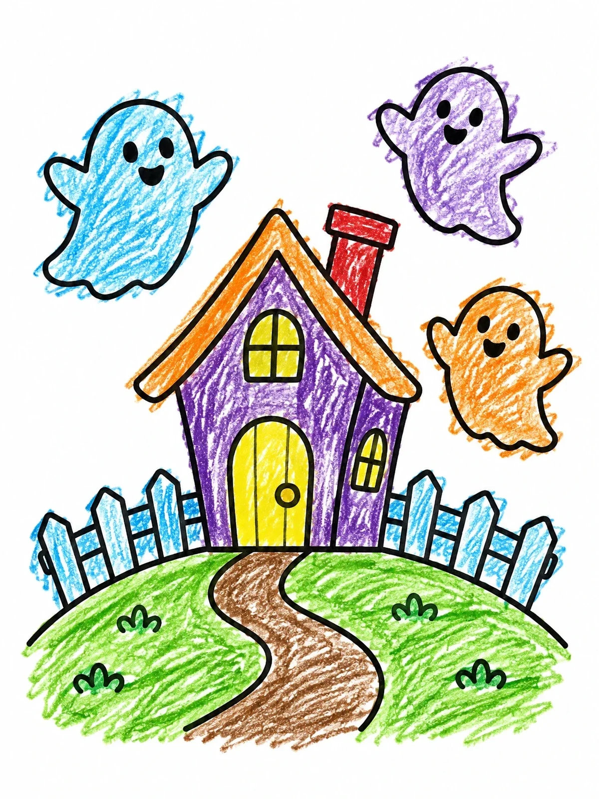 Colored example of the Friendly Ghosts Around Cute House coloring page