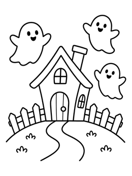 Free printable Friendly Ghosts Around Cute House coloring page