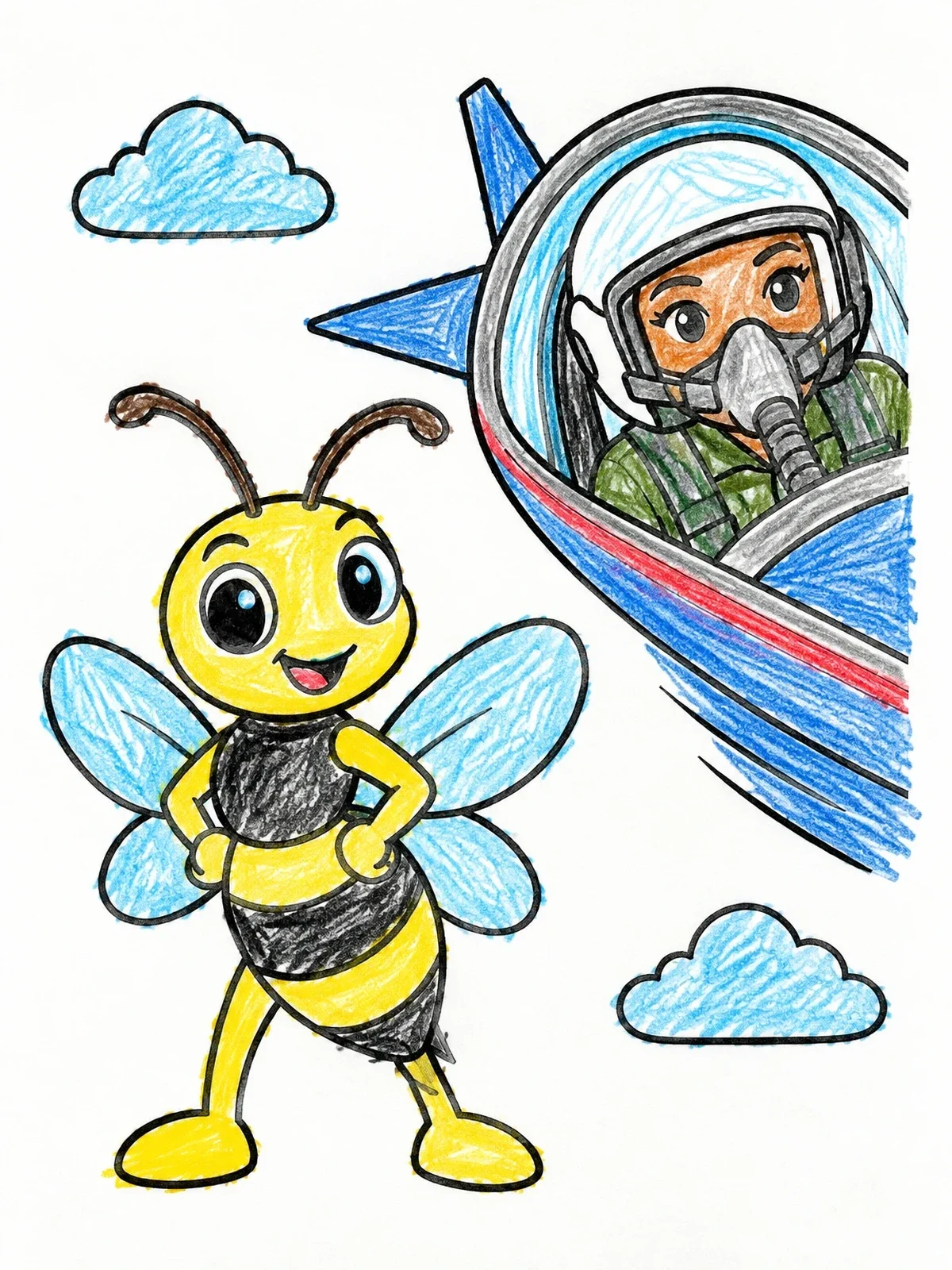 Colored example of the Friendly Hornet And Jet Pilot Flying coloring page