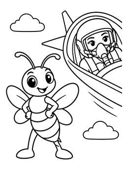 A cheerful cartoon bug on this hornet coloring page standing beside a jet pilot in the sky.