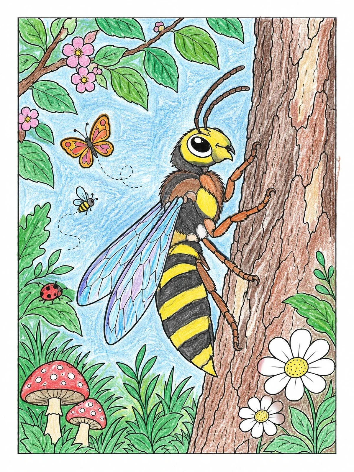 Colored example of the Friendly Hornet On Tree Trunk coloring page