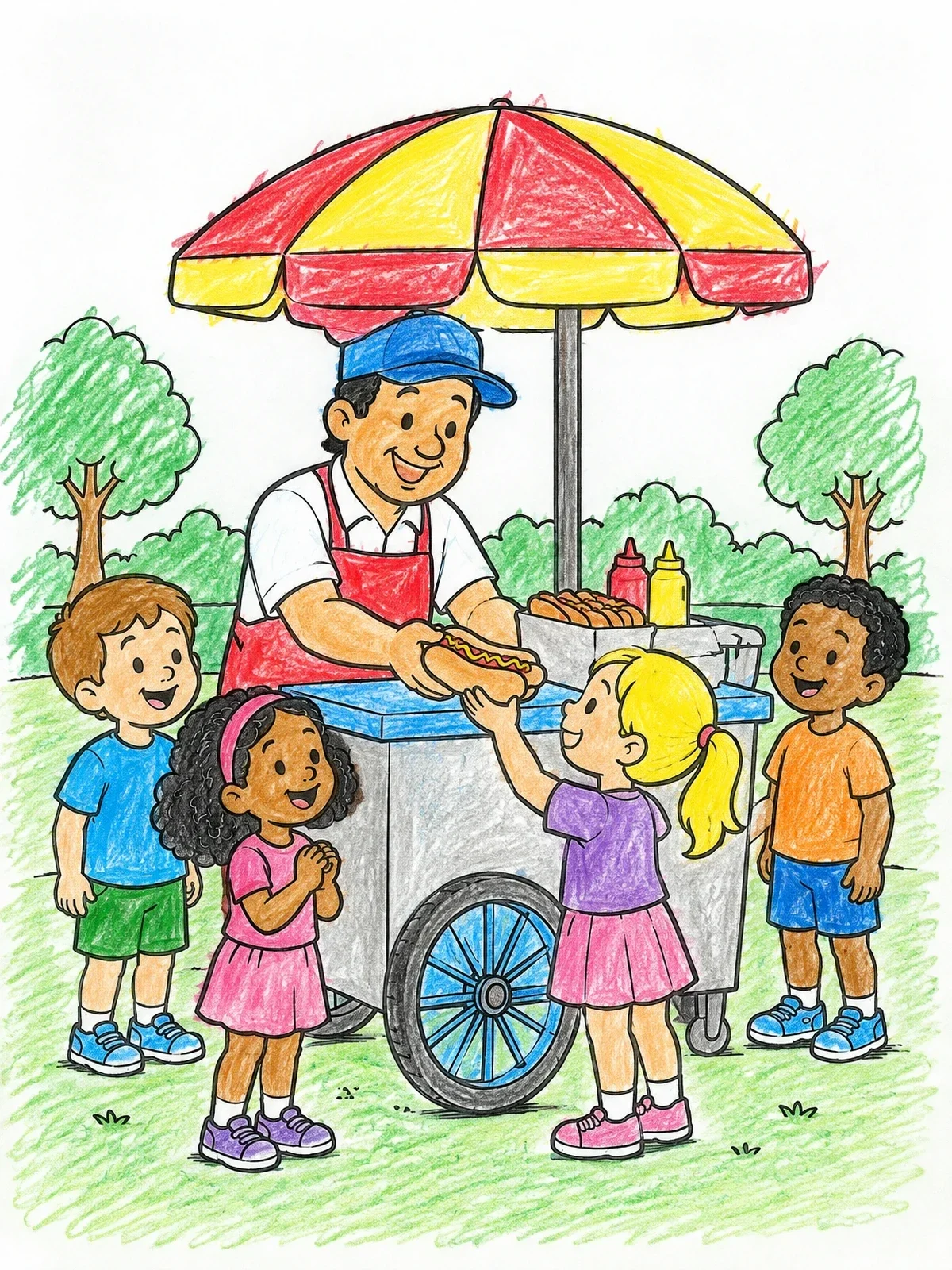 Colored example of the Friendly Hot Dog Vendor In The Park coloring page