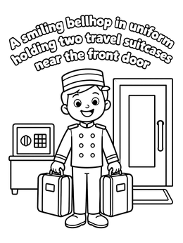 Free printable Friendly Bellhop Holding Suitcases coloring page