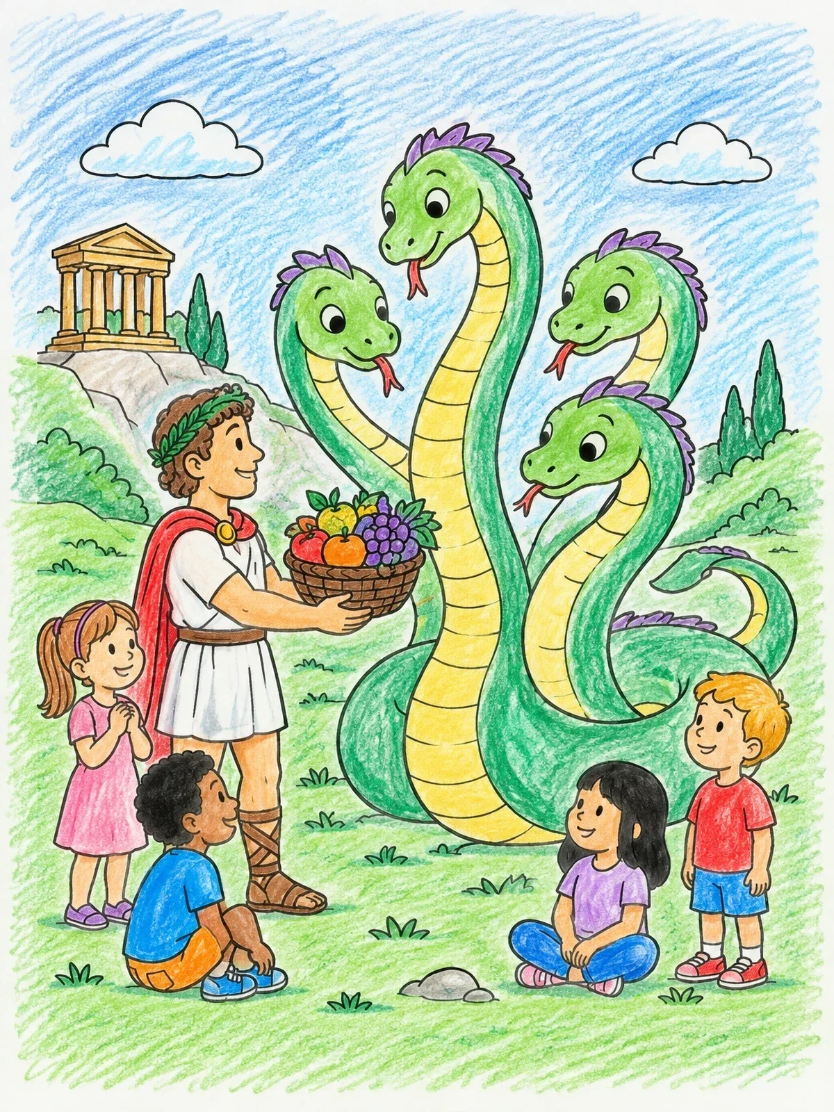 Colored example of the Friendly Hydra Receiving Fruit Basket coloring page