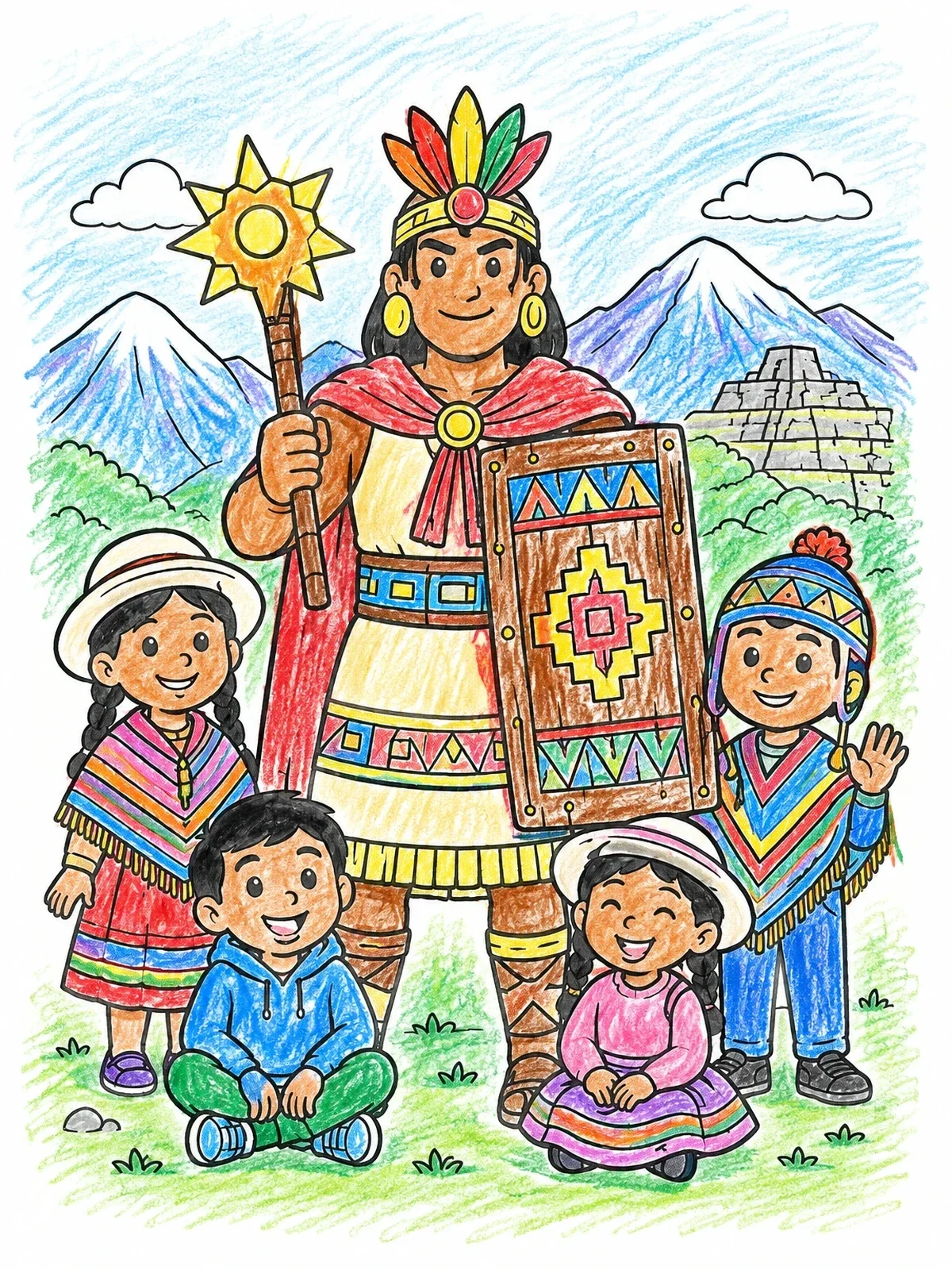 Colored example of the Inca Warrior With Cheerful Children coloring page