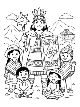 Free printable Inca Warrior With Cheerful Children coloring page