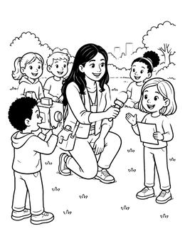 Free printable Friendly Journalist Interviewing Children In The Park coloring page