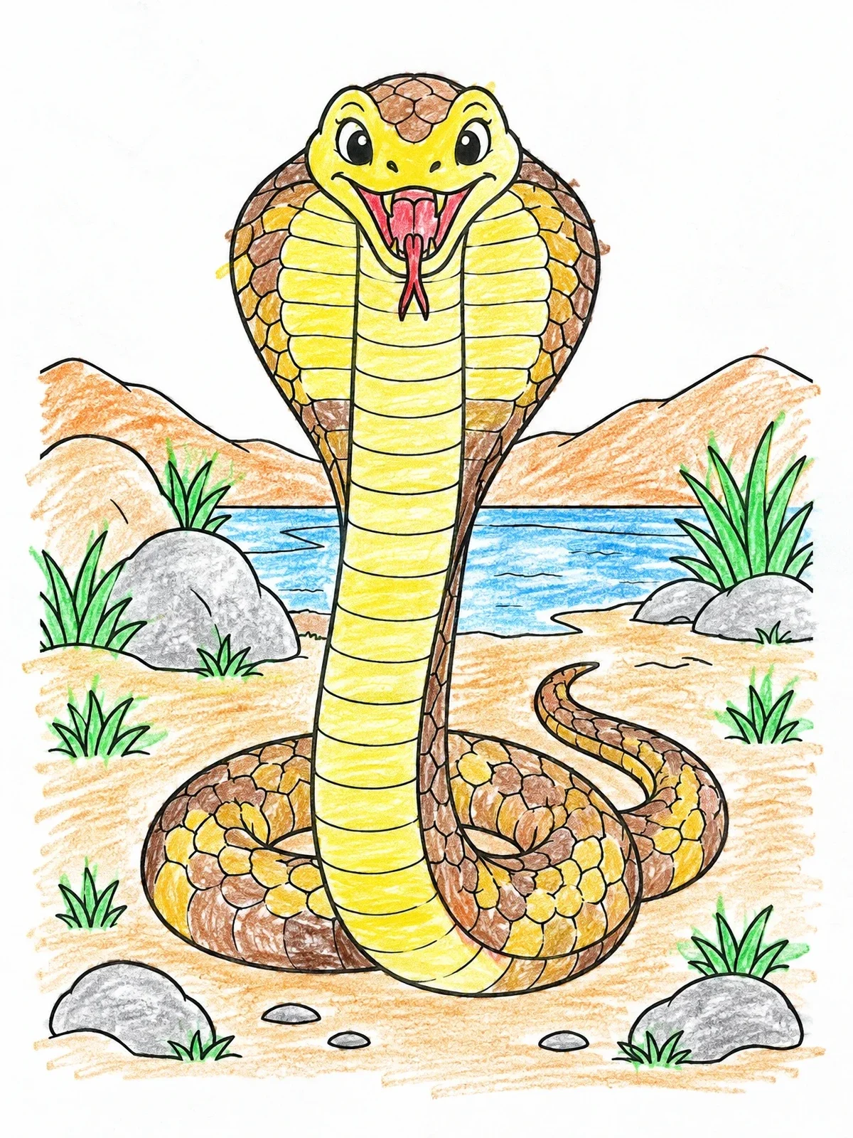 Colored example of the Friendly King Cobra In Nature coloring page