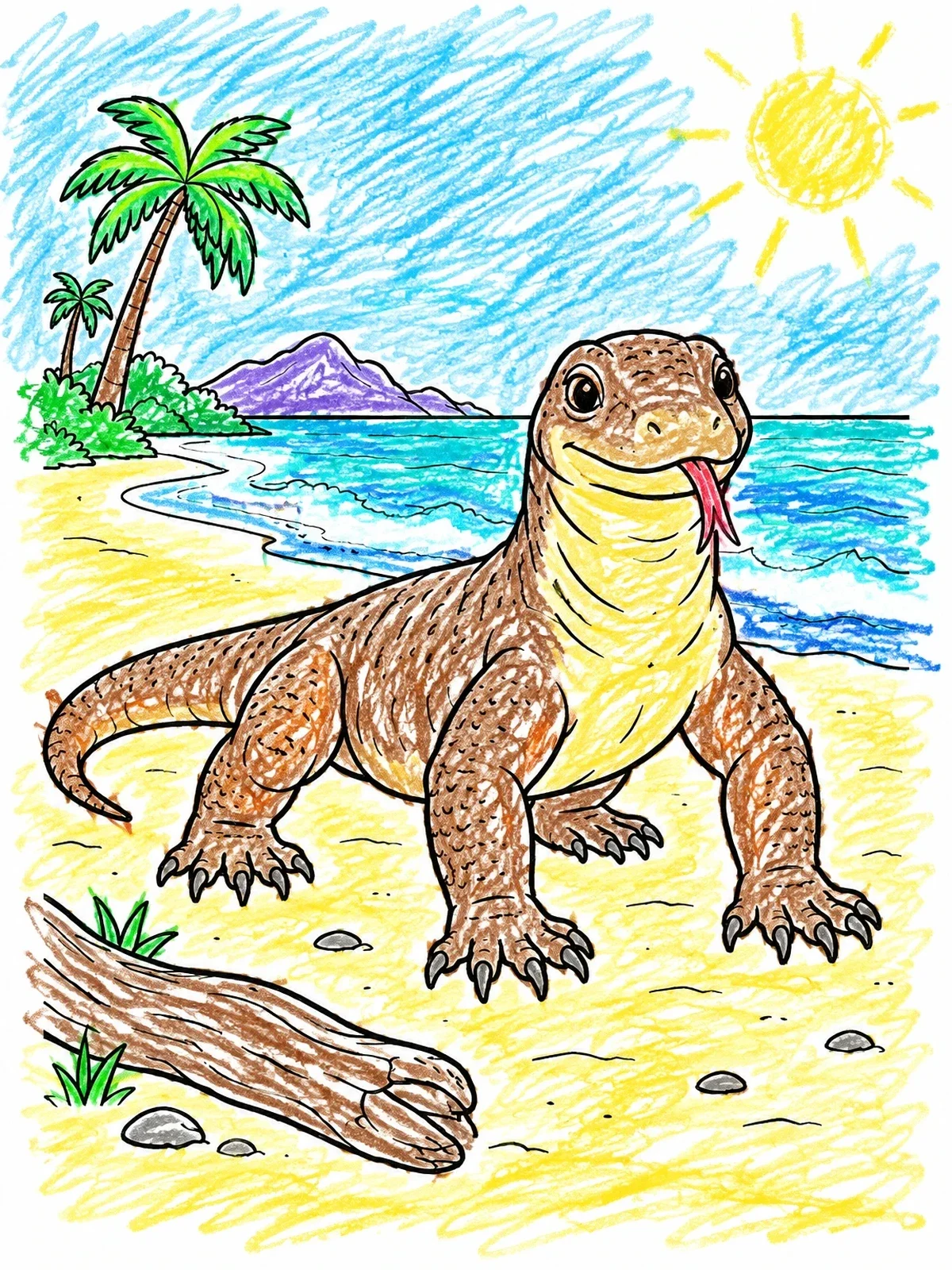 Colored example of the Friendly Komodo Dragon On Beach coloring page