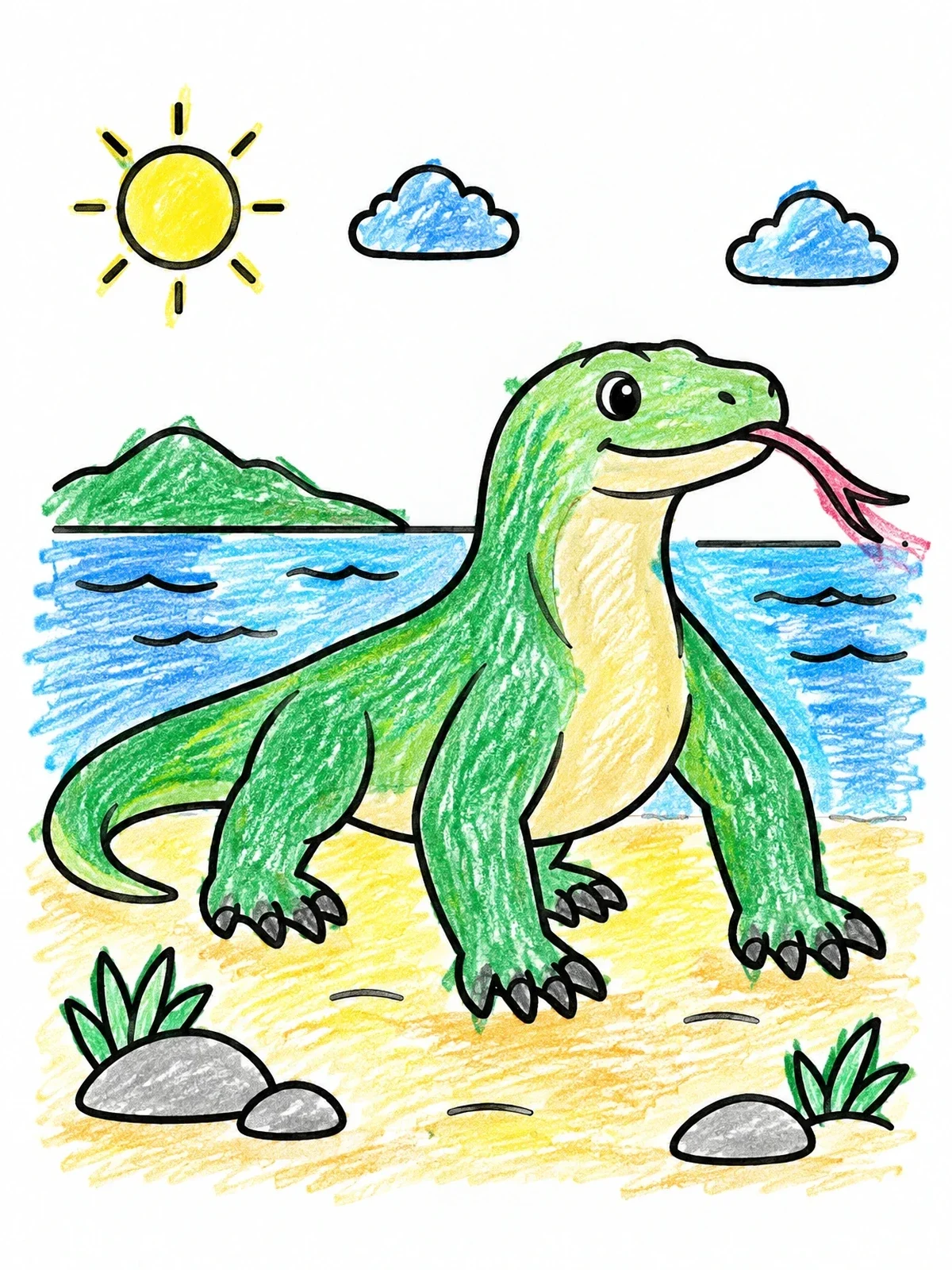 Colored example of the Friendly Komodo Dragon On Tropical Beach coloring page