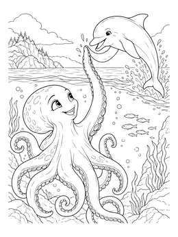 Free printable Friendly Kraken High Five With Dolphin coloring page