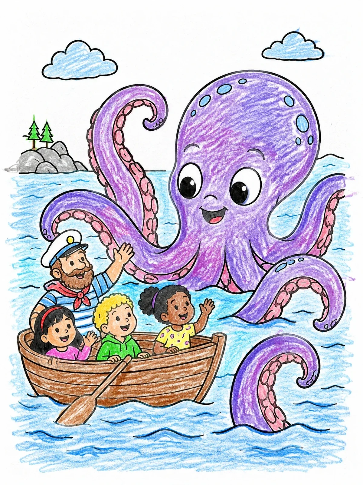 Colored example of the Friendly Kraken Greets Boat Crew coloring page
