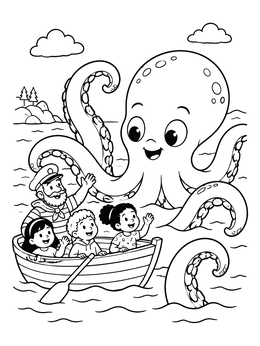 Free printable Friendly Kraken Greets Boat Crew coloring page