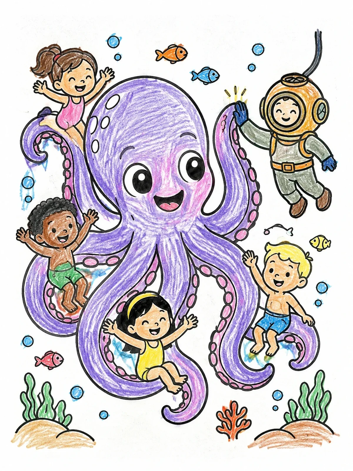 Colored example of the Friendly Kraken Playing With Diver And Swimmers coloring page