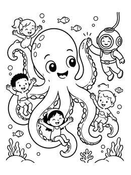 Free printable Friendly Kraken Playing With Diver And Swimmers coloring page