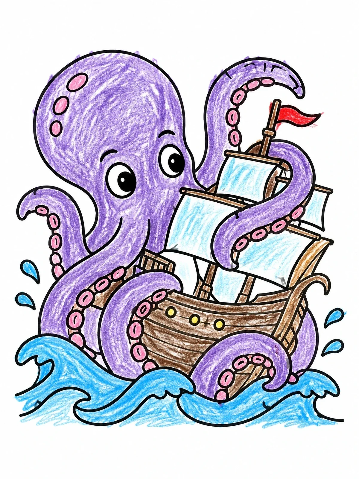 Colored example of the Friendly Kraken Holding A Ship coloring page