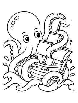 Free printable Friendly Kraken Holding A Ship coloring page