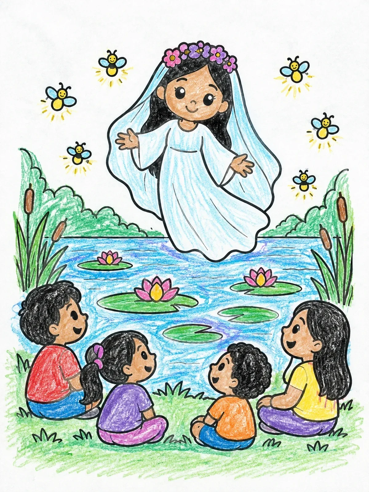 Colored example of the Friendly Floating Spirit And Children coloring page