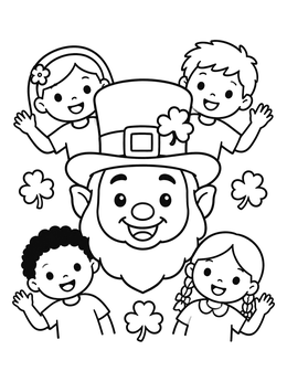 Free printable Leprechaun With Cheerful Children coloring page