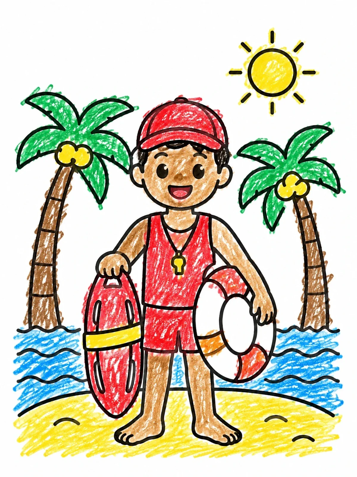 Colored example of the Friendly Lifeguard On Sunny Beach coloring page